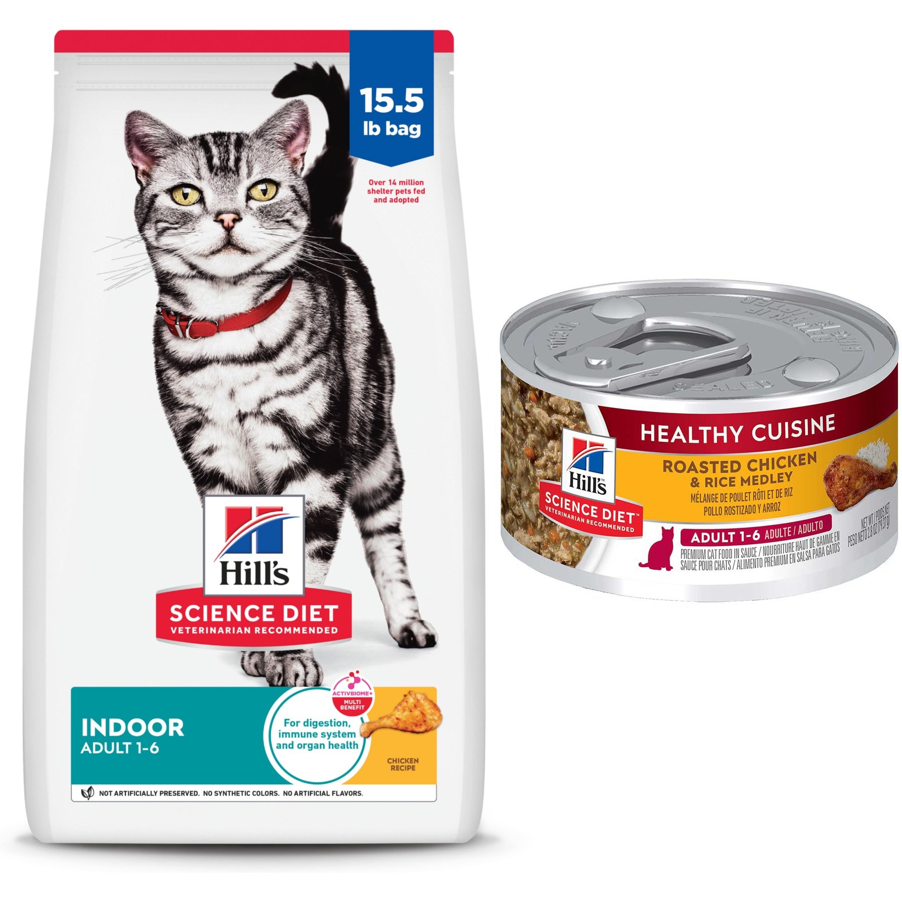 Hill's Science Diet Adult Indoor Chicken Recipe Dry Cat Food, 15.5-lb bag + Hill's Science Diet Adult Healthy Cuisine Roasted Chicken & Rice Medley Canned Cat Food, 2.8-oz, case of 24