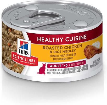 Show full view: Hill's Science Diet Adult Indoor Chicken Recipe Dry Cat Food, 15.5-lb bag + Hill's Science Diet Adult Healthy Cuisine Roasted Chicken & Rice Medley Canned Cat Food, 2.8-oz, case of 26 slide 6 of 9