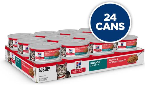 Show full view: Hill's Science Diet Adult Indoor Salmon & Vegetable Medley Minced Wet Cat Food, 5.5-oz can, 24 count slide 3 of 12