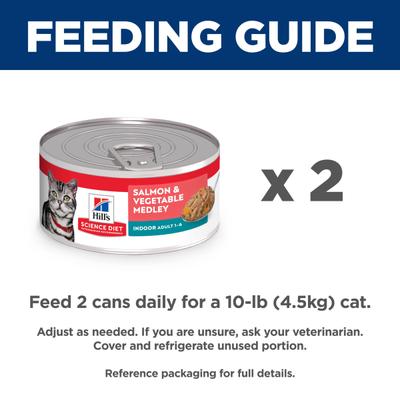 Show full view: Hill's Science Diet Adult Indoor Salmon & Vegetable Medley Minced Wet Cat Food, 5.5-oz can, 24 count slide 10 of 12