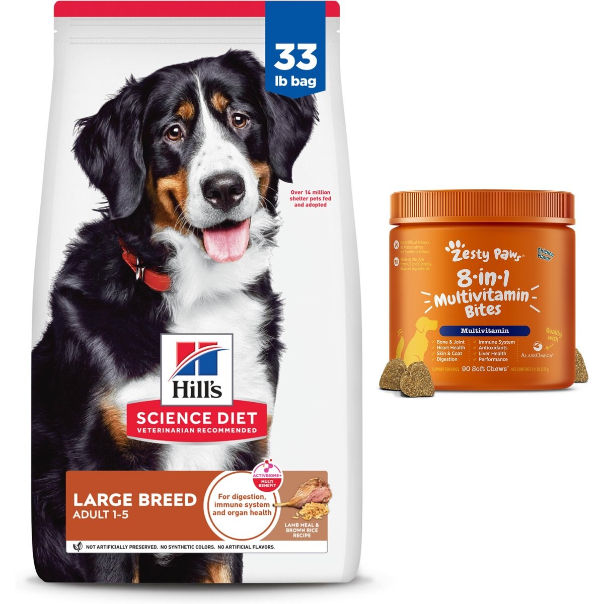 Hill's Science Diet Adult Large Breed Lamb Meal & Brown Rice Dry Food + Zesty Paws 8-in-1 Multivitamin Bites Chicken Flavor Dog Supplement