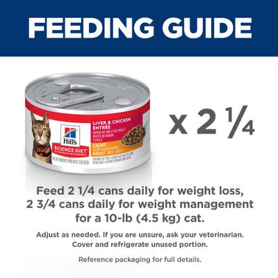 Show full view: Hill's Science Diet Adult Light Weight Management Liver & Chicken Entree Wet Cat Food, 2.9-oz can, case of 24 slide 8 of 13