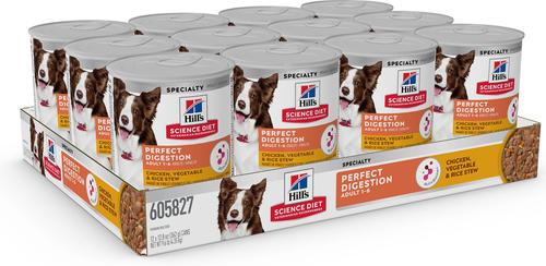 Show full view: Hill's Science Diet Adult Perfect Digestion Chicken, Vegetable & Rice Stew Wet Dog Food, 12.8-oz can, case of 12 slide 3 of 13