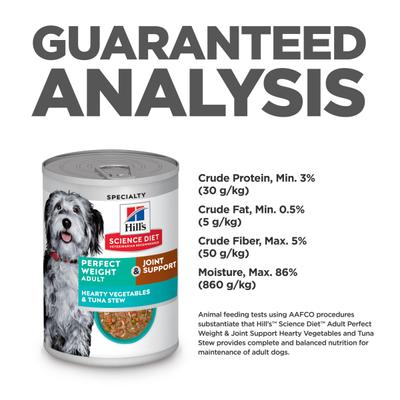 Show full view: Hill's Science Diet Adult Perfect Weight Management & Joint Support Hearty Vegetables & Tuna Stew Wet Dog Food, 12.5-oz can, 12 count slide 9 of 11