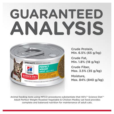 Show full view: Hill's Science Diet Adult Perfect Weight Management Roasted Vegetable & Chicken Medley Wet Cat Food, 2.9-oz can, case of 4 slide 8 of 13