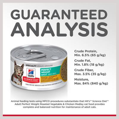 Show full view: Hill's Science Diet Adult Perfect Weight Management Roasted Vegetable & Chicken Medley Wet Cat Food, 2.9-oz can, case of 24 slide 9 of 14