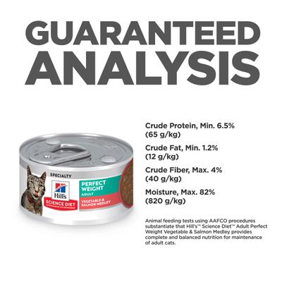 Show full view: Hill's Science Diet Adult Perfect Weight Management Vegetable & Salmon Medley Chunks in Gravy Wet Cat Food, 2.9-oz can, 24 count slide 9 of 13