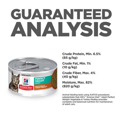 Show full view: Hill's Science Diet Adult Perfect Weight Management Vegetable & Turkey Medley Chunks in Gravy Wet Cat Food, 2.9-oz can, 24 count slide 9 of 13