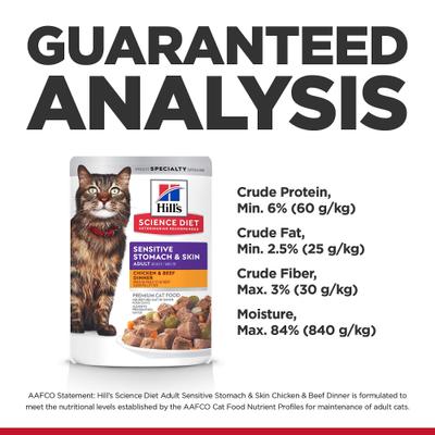 Show full view: Hill's Science Diet Adult Sensitive Stomach & Sensitive Skin Chicken & Beef Wet Cat Food, 2.8-oz can pouch, case of 24 slide 9 of 12