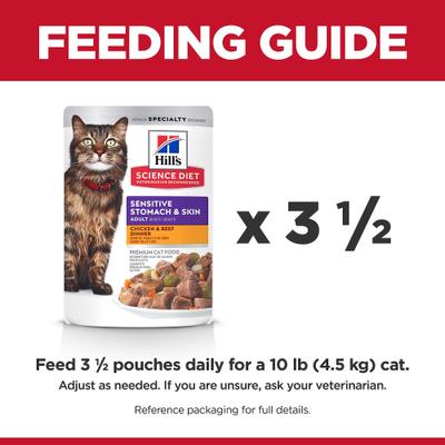 Show full view: Hill's Science Diet Adult Sensitive Stomach & Sensitive Skin Chicken & Beef Wet Cat Food, 2.8-oz can pouch, case of 24 slide 10 of 12