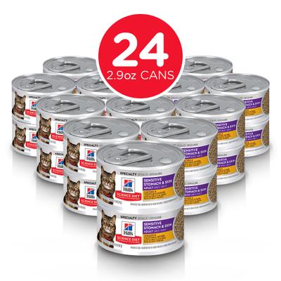 Show full view: Hill's Science Diet Adult Sensitive Stomach & Sensitive Skin Chicken & Vegetable Entree Wet Cat Food, 2.9-oz can, 24 count slide 3 of 13