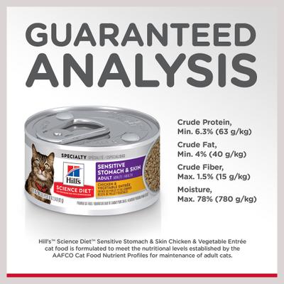 Show full view: Hill's Science Diet Adult Sensitive Stomach & Sensitive Skin Chicken & Vegetable Entree Wet Cat Food, 2.9-oz can, 24 count slide 9 of 13