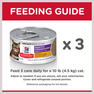 Show full view: Hill's Science Diet Adult Sensitive Stomach & Sensitive Skin Chicken & Vegetable Entree Wet Cat Food, 2.9-oz can, 24 count slide 10 of 13