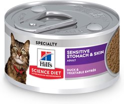 Hill's Science Diet Adult Sensitive Stomach & Sensitive Skin Duck & Vegetable Entree Grain-Free Pate Wet Cat Food, 2.9-oz can, 24 count