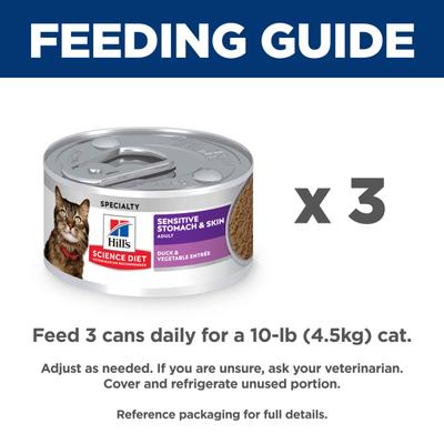 Show full view: Hill's Science Diet Adult Sensitive Stomach & Sensitive Skin Duck & Vegetable Entree Grain-Free Pate Wet Cat Food, 2.9-oz can, 24 count slide 10 of 12