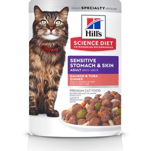 Hill's Science Diet Adult Sensitive Stomach & Sensitive Skin Salmon & Tuna Wet Cat Food, 2.8-oz pouch, 24 count