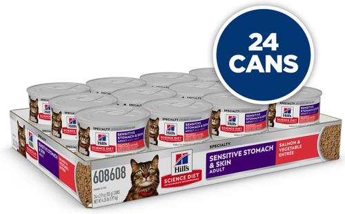 Show full view: Hill's Science Diet Adult Sensitive Stomach & Sensitive Skin Salmon & Vegetable Entree Minced Wet Cat Food, 2.9-oz can, 24 count slide 3 of 12