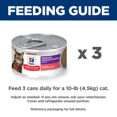 Show full view: Hill's Science Diet Adult Sensitive Stomach & Sensitive Skin Salmon & Vegetable Entree Minced Wet Cat Food, 2.9-oz can, 24 count slide 10 of 12