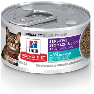 Hill's Science Diet Adult Sensitive Stomach & Sensitive Skin Tuna & Vegetable Entree Wet Cat Food, 2.9-oz can, 24 count