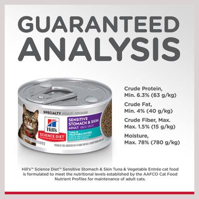 Show full view: Hill's Science Diet Adult Sensitive Stomach & Sensitive Skin Tuna & Vegetable Entree Wet Cat Food, 2.9-oz can, 24 count slide 9 of 13
