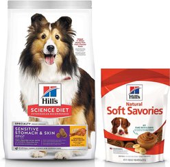 Hill's Science Diet Adult Sensitive Stomach & Skin Chicken & Barley Recipe Dry Food + Hill's Natural Soft Savories with Peanut Butter & Banana Dog Treats
