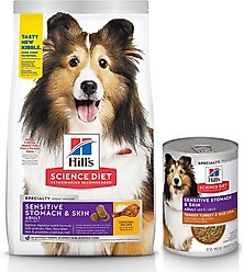 Hill's Science Diet Adult Sensitive Stomach & Skin Chicken Recipe Dry Food, 15.5-lb bag + Tender Turkey & Rice Stew Canned Dog Food