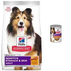 Hill's Science Diet Adult Sensitive Stomach & Skin Chicken Recipe Dry Food, 4-lb bag + Tender Turkey & Rice Stew Canned Dog Food
