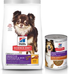 Hill's Science Diet Adult Sensitive Stomach & Skin Small & Mini Breed Chicken Recipe Dry Food, 15-lb bag + Tender Turkey & Rice Stew Canned Dog Food slide 1 of 7