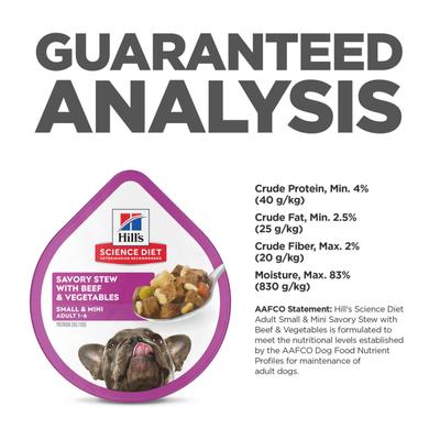 Show full view: Hill's Science Diet Adult Small Breed & Mini Breed Savory Stew Beef & Vegetable Wet Dog Food Trays, 3.5-oz, 12 count slide 7 of 11