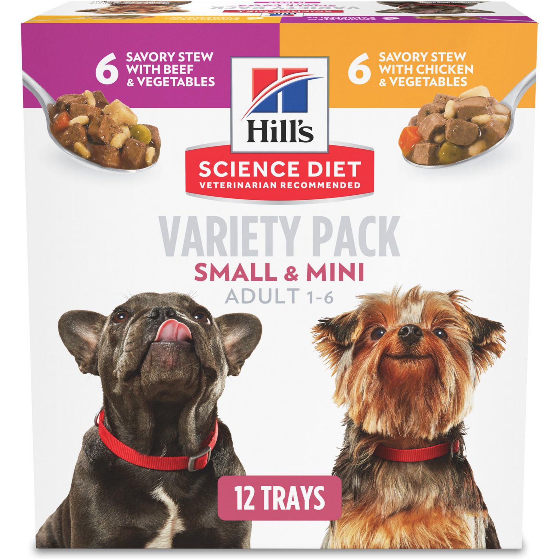 Hill's Science Diet Adult Small Paws Chicken & Vegetables & Beef & Vegetables Variety Pack Wet Dog Food Trays, 3.5-oz, bundle of 24