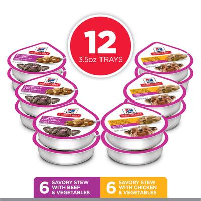 Show full view: Hill's Science Diet Adult Small Paws Chicken & Vegetables & Beef & Vegetables Variety Pack Wet Dog Food Trays, 3.5-oz, bundle of 24 slide 4 of 12