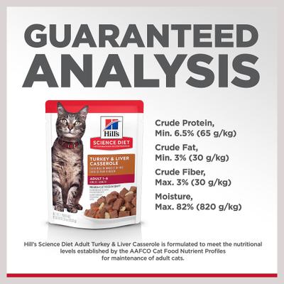 Show full view: Hill's Science Diet Adult Turkey & Liver Casserole Recipe Cat Food, 2.8-oz pouch, case of 24 slide 8 of 12