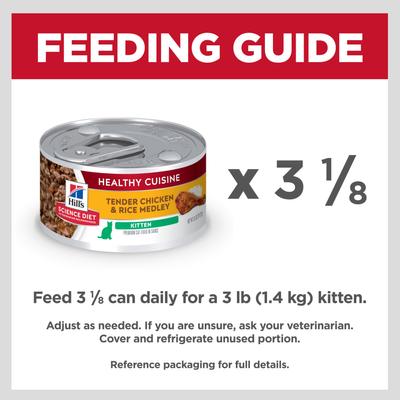 Show full view: Hill's Science Diet Kitten Healthy Cuisine Tender Chicken & Rice Medley Wet Cat Food, 2.8-oz can, case of 24 slide 8 of 14