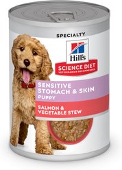 Hill's Science Diet Puppy Sensitive Stomach & Sensitive Skin Salmon & Vegetable Stew Chunks in Gravy Wet Dog Food, 12.5-oz can, 12 count