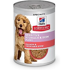 Hill's Science Diet Puppy Sensitive Stomach & Sensitive Skin Salmon & Vegetable Stew Chunks in Gravy Canned Wet Dog Food, 12.5-oz can, 12 count