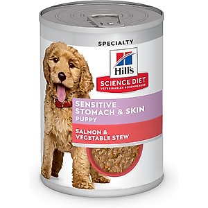 Hill's Science Diet Puppy Sensitive Stomach & Sensitive Skin Salmon & Vegetable Stew Chunks in Gravy Wet Dog Food, 12.5-oz can, 12 count