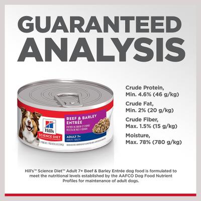 Show full view: Hill's Science Diet Senior Adult 7+ Beef & Barley Entree Wet Dog Food, 5.8-oz can, case of 24 slide 8 of 13