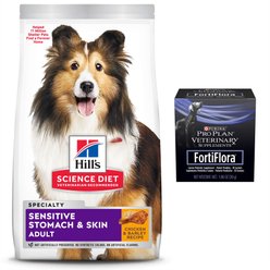 Hill's Science Diet Sensitive Stomach & Skin Chicken & Barley Recipe Dry Food + Purina Pro Plan Veterinary Diets FortiFlora Powder Digestive Supplement for Dogs, 30 count