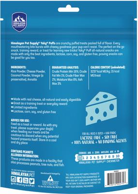 Show full view: Himalayan Pet Supply Grain-Free yakyPUFF Cheese Dog Treats, 3-oz bag slide 3 of 7