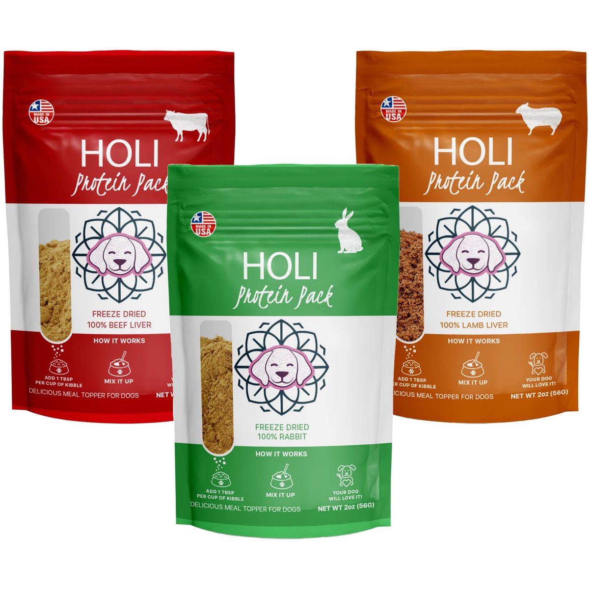 HOLI Beef Liver, Lamb Liver, Rabbit Variety Pack Grain-Free Freeze-Dried Dog & Cat Food Topper, 2-oz bag, 3 count