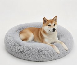 HOMAGICO Calming Shag Fur Donut Cuddler Removable Cover Bolster Dog & Cat Bed, Grey, Medium