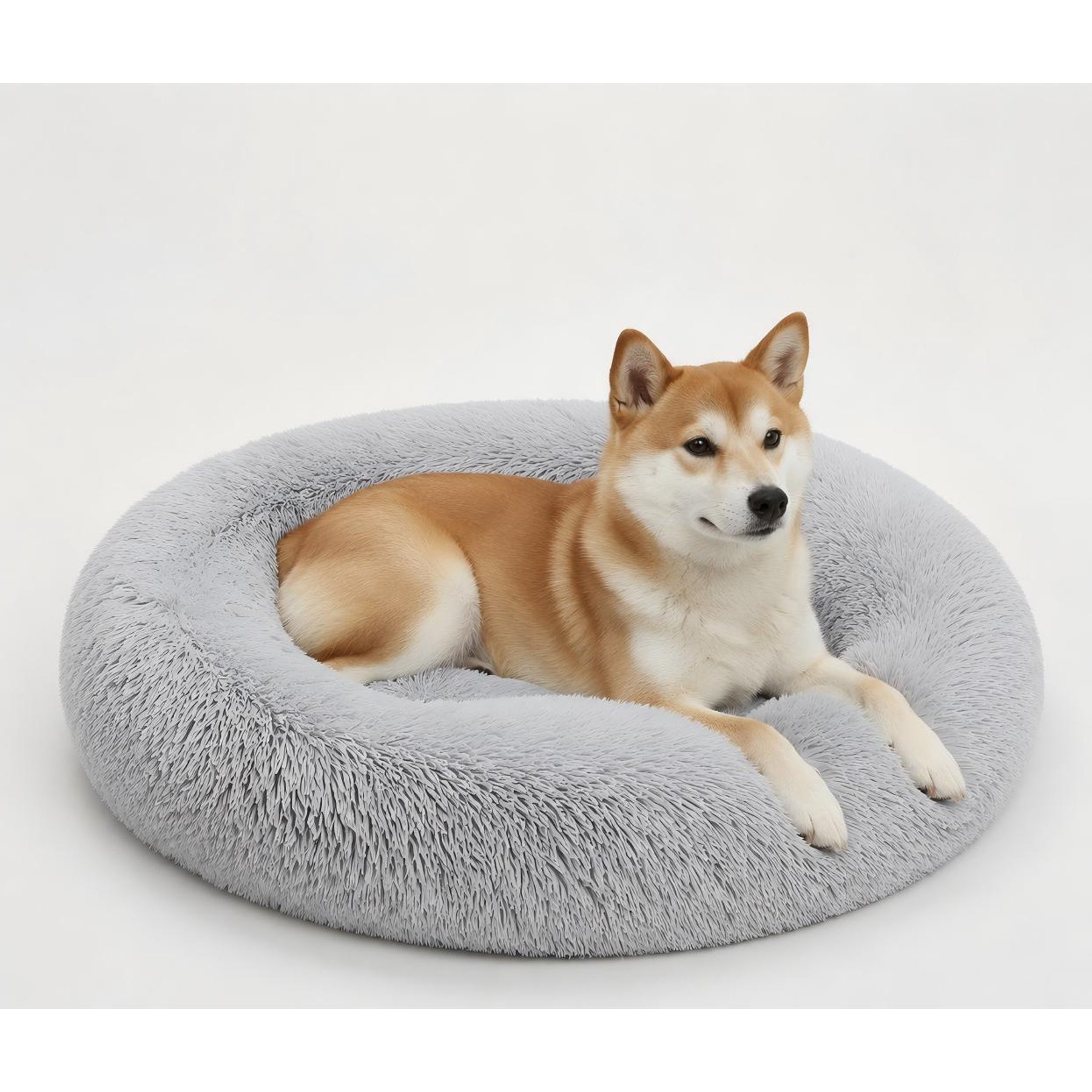 HOMAGICO Calming Shag Fur Donut Cuddler Removable Cover Bolster Dog & Cat Bed, Grey, Medium