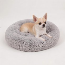 HOMAGICO Calming Shag Fur Donut Cuddler Removable Cover Bolster Dog & Cat Bed, Grey, Small