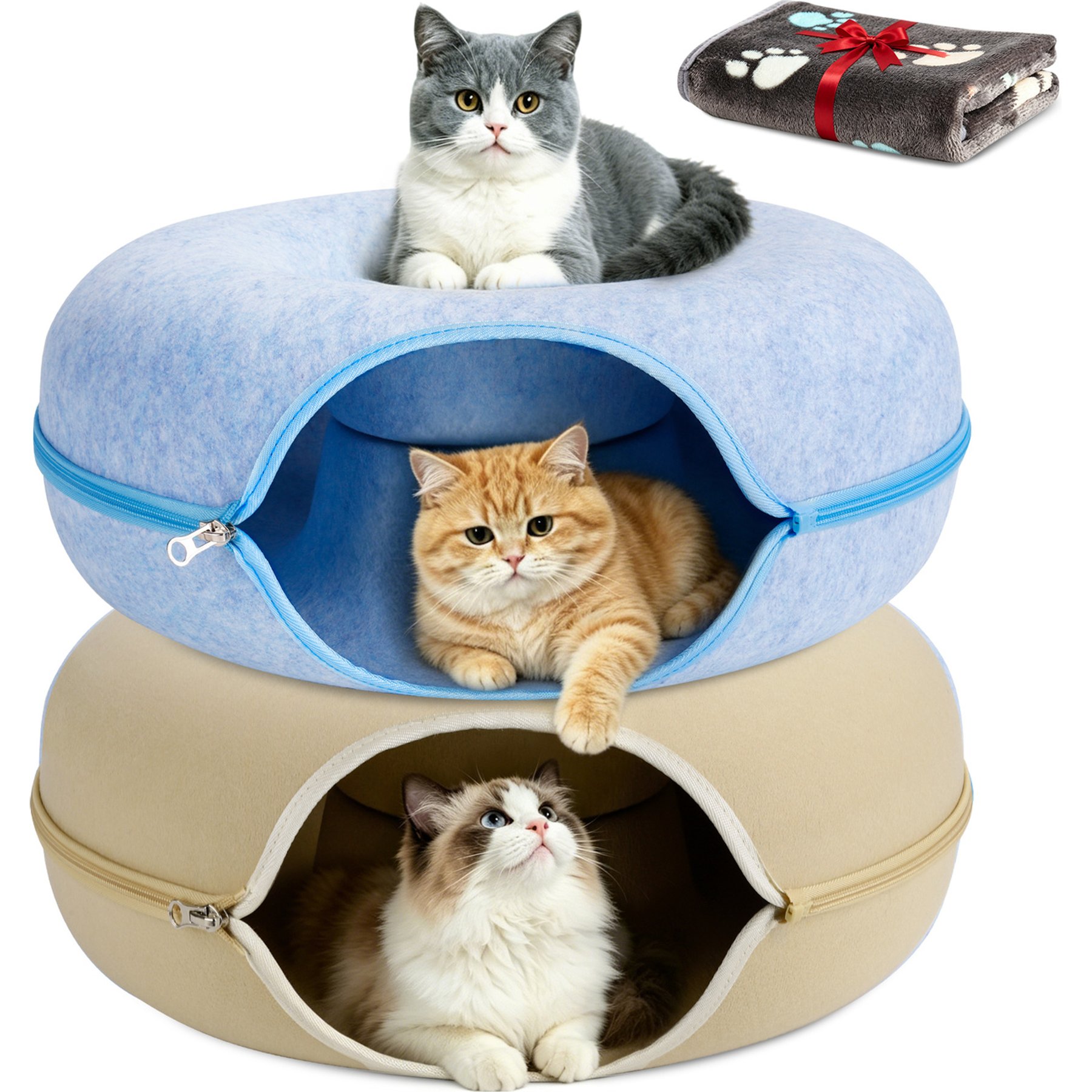 HOMAGICO Cat Cave Tunnel Bed, 2 count, Large: 24-in, Blue/Beige