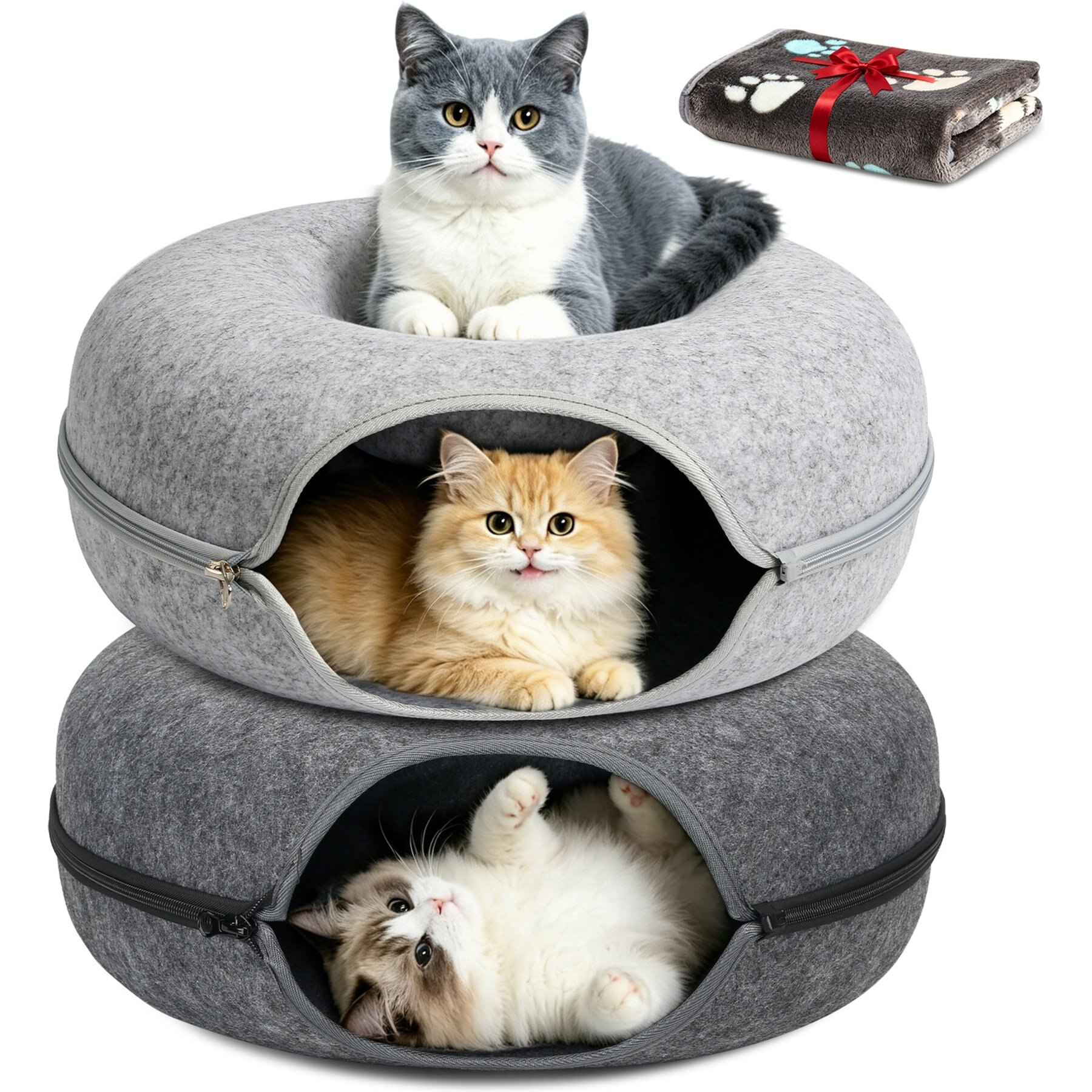 HOMAGICO Cat Cave Tunnel Bed, Large: 24-in, 2 count, Light Grey/Dark Grey