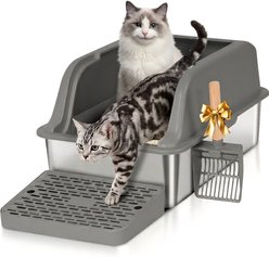 HOMAGICO Enclosed Stainless Steel High Sided Cat Litter Box with Litter Scoop & Step Mat, Gray, Large: 24 x 16 x 15.7-in