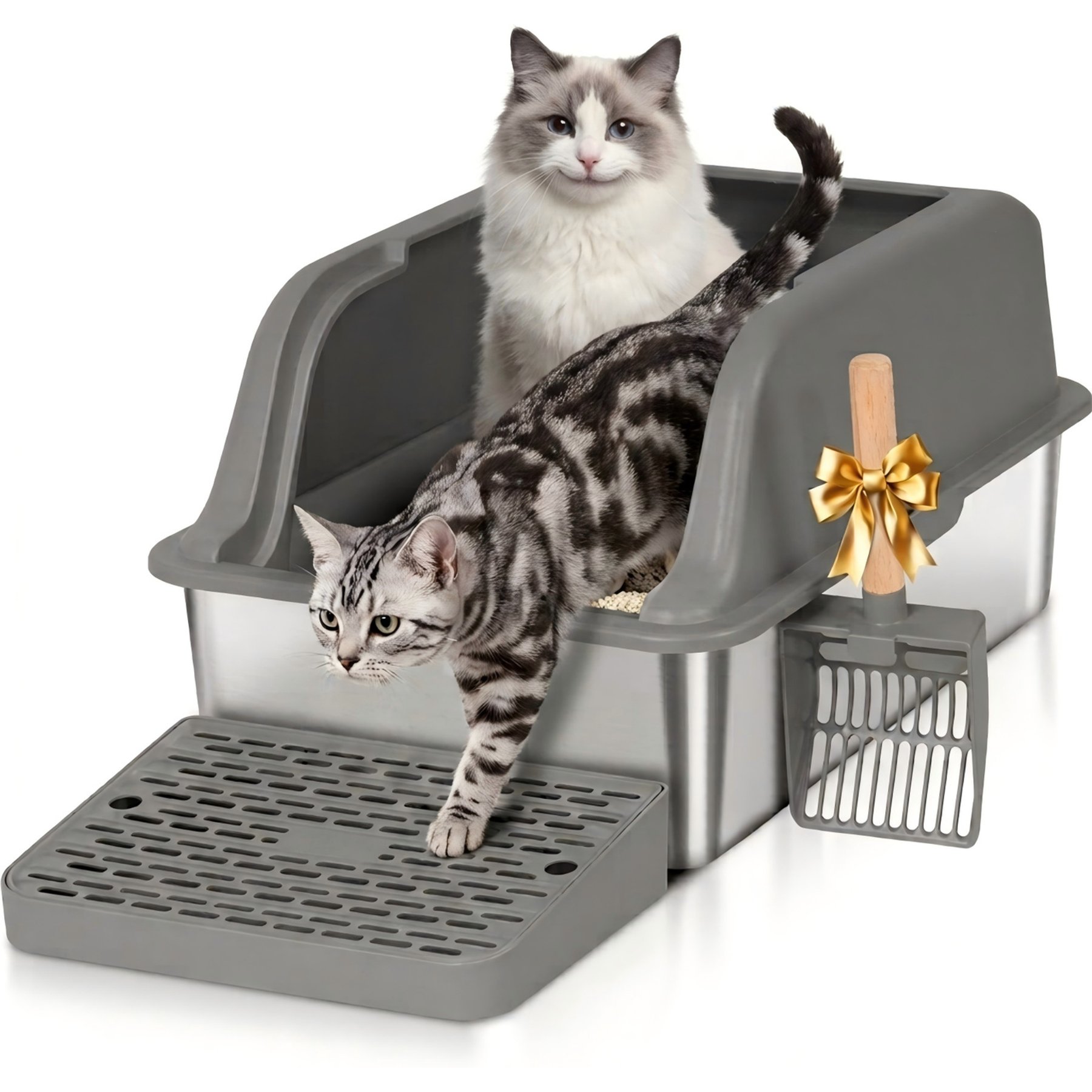 HOMAGICO Enclosed Stainless Steel High Sided Cat Litter Box with Litter Scoop & Step Mat, Gray, Large: 24 x 16 x 15.7-in