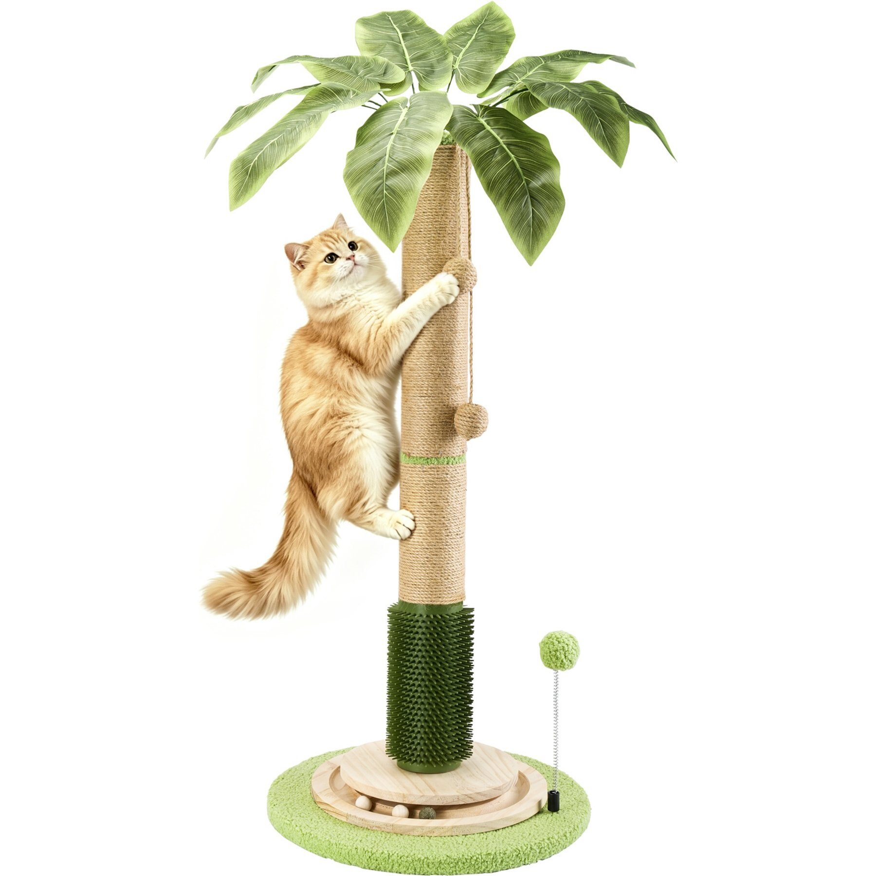 HOMAGICO Sisal Rope 45-in Sherpa Scratching Posts Cat Tree with Self Groomer Brush & Interactive Ball, Green