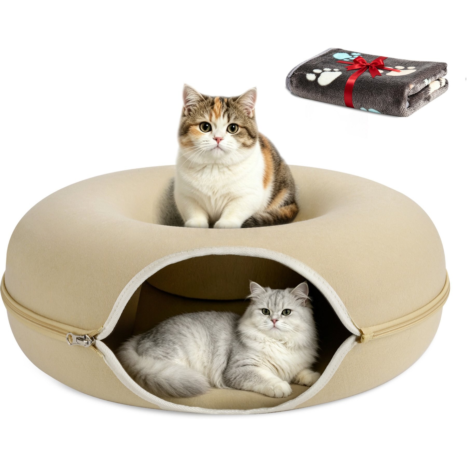 HOMAGICO Tunnel Hideaway Cave & Scratcher Cat Bed, Beige, Large