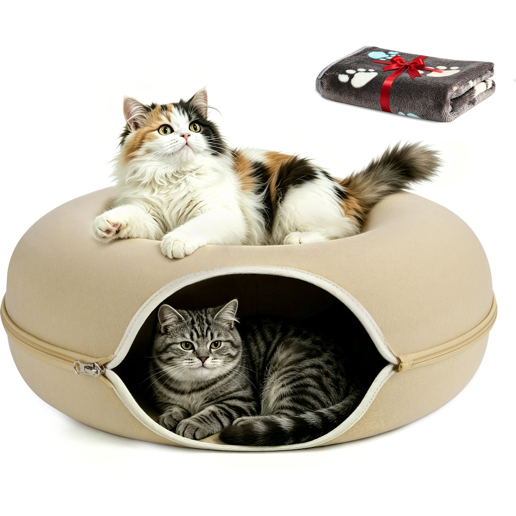 HOMAGICO Tunnel Hideaway Cave & Scratcher Cat Bed, Beige, Medium